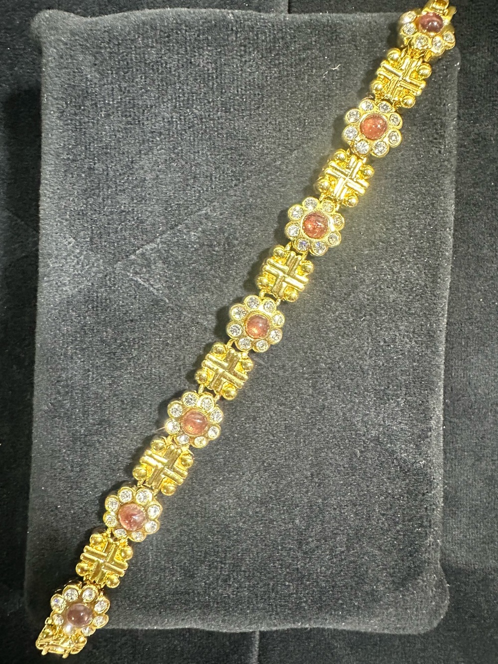 NOS/ Vtg Purple Class Cabochon & Rhinestone Floral Link Bracelet